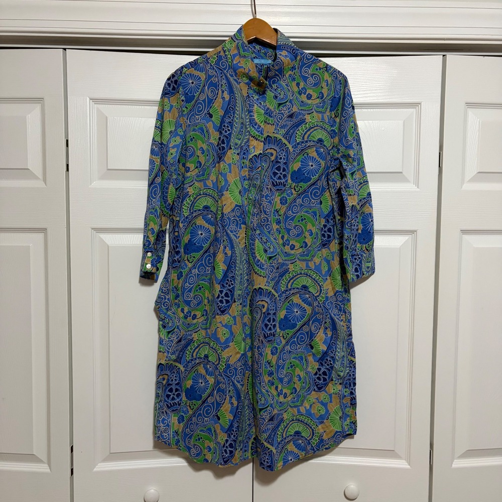 J. McLaughlin Paisley Tunic Shirt Dress Women M Blue Green Preppy Core Coastal